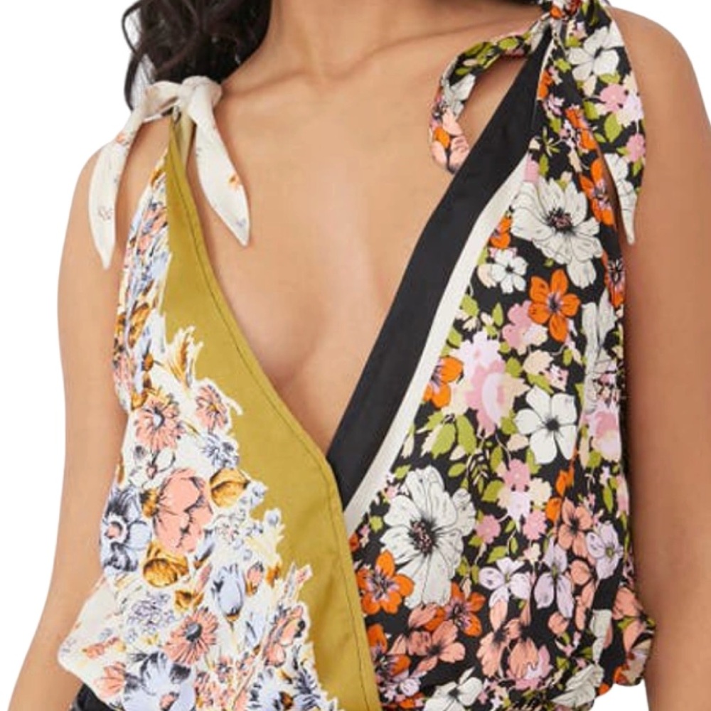 Free People Green and Yellow Sleeveless Wrap Tank Top